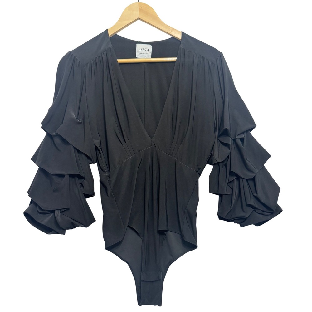 MISA Los Angeles Linde‎ Bodysuit Medium Black Excellent Ruffled Plunging